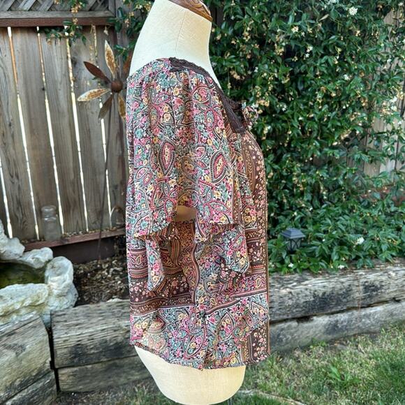 Fang Sheer Lace Paisley Flutter Peasant Boho Long Batwing Blouse Large - Picture 5 of 12